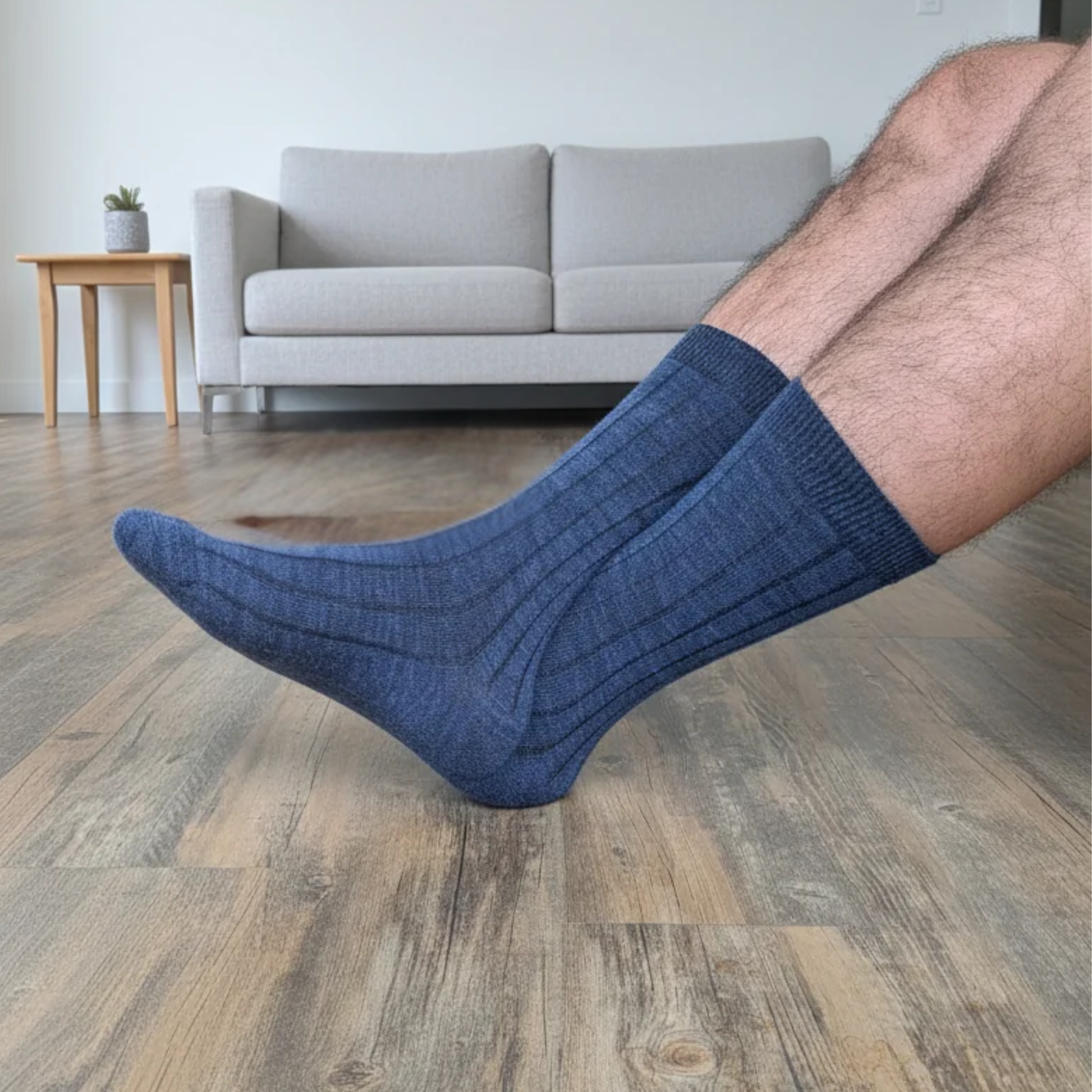 Allen Paca Ribbed Alpaca Dress Sock worn with dress shoes, lifestyle photo