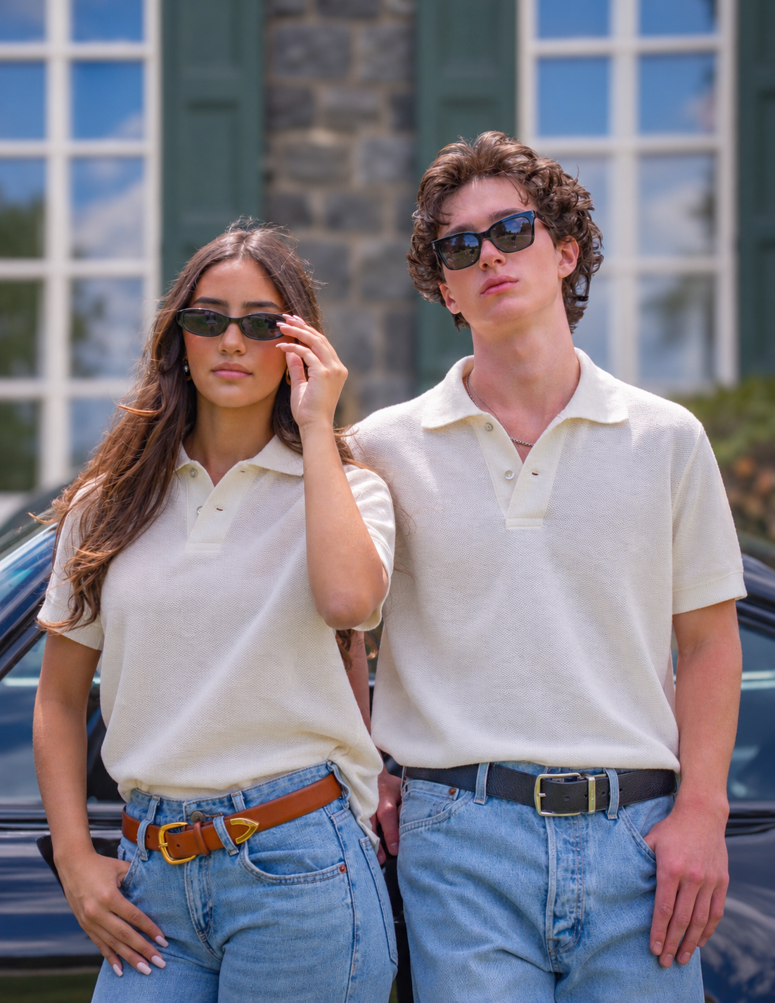 Two models wearing the Allen Paca Alpaca Piqué Polo