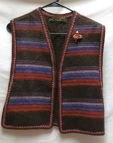 Vintage Alpaca Vest - Stripped Handmade with Pin